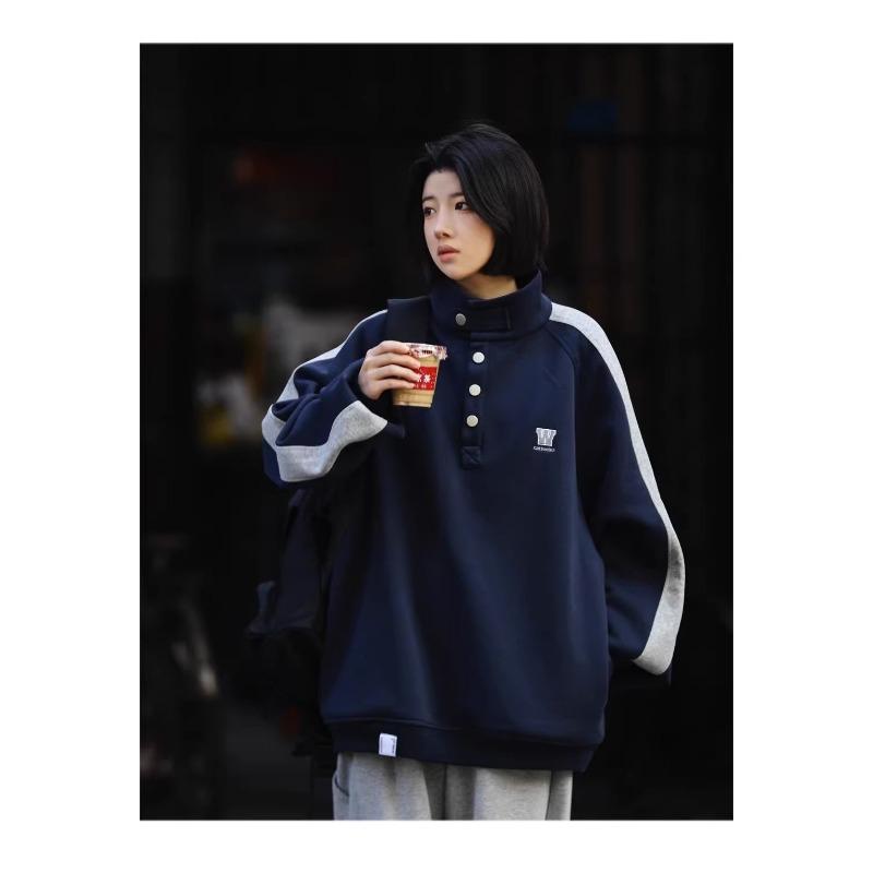 Loose Stand Collar Patchwork Retro Japanese Casual Pullover Sweatshirt Mens Workwear Outerwear
