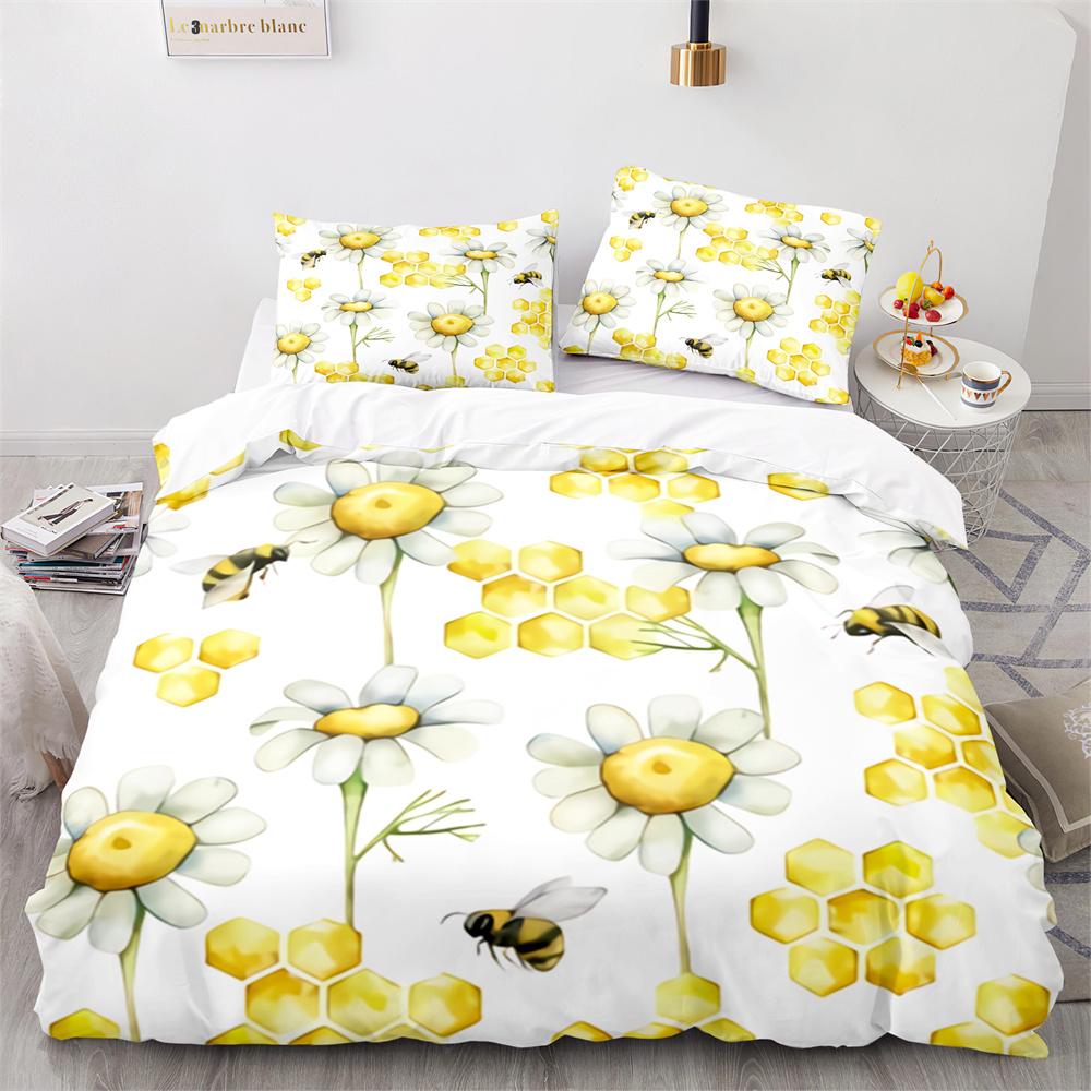Bee Duvet Cover Set Watercolour Painting Cartoon Cute Wildlife Comforter Cover King Queen for Kids Girl Polyester Bedding Set