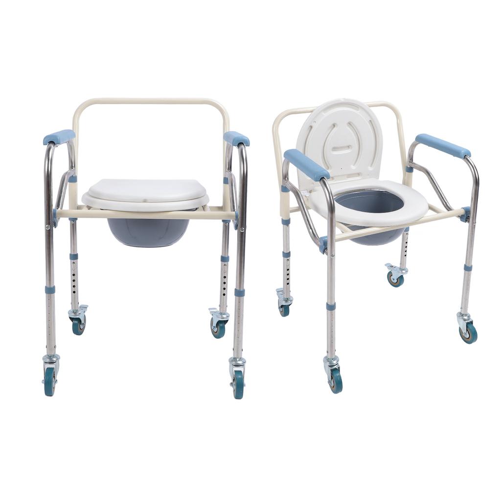 Bedside Commode Chair with Brake Wheels Carbon Steel Foldable Adjustable Height Multifunctional Toilet Chair