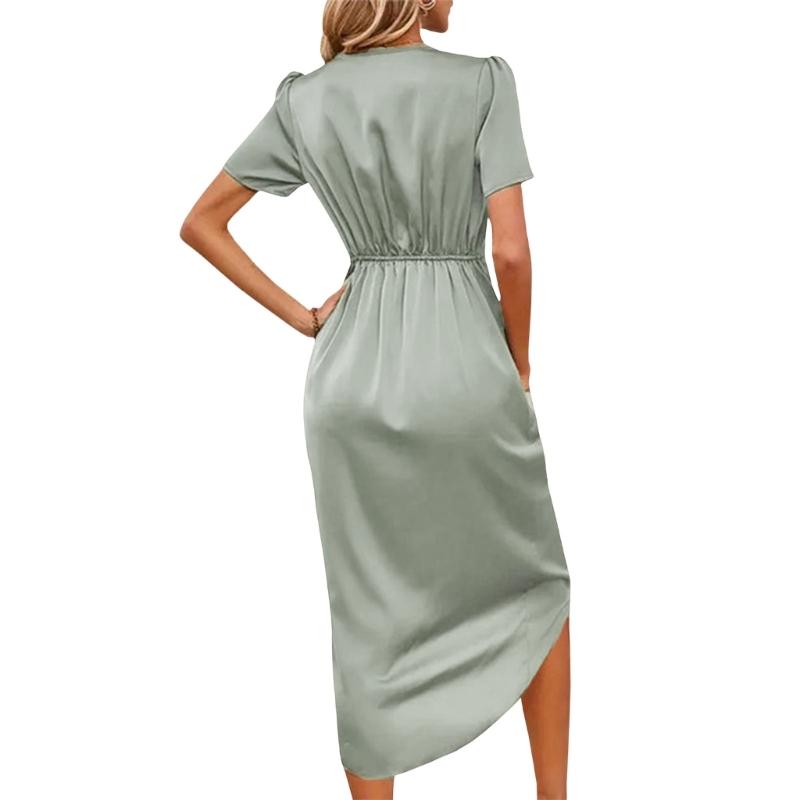 Elegant Wrap Dress for Women Satins V Neck Short Sleeve Midi Long Slit and Pleated Detail Gown for Party Gatherings