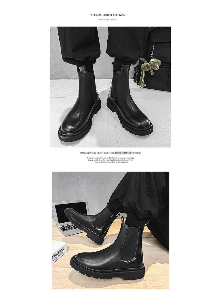 Men's Waterproof Black Leather Chelsea Boots – Winter, Non-Slip, High-Top, British Style.
