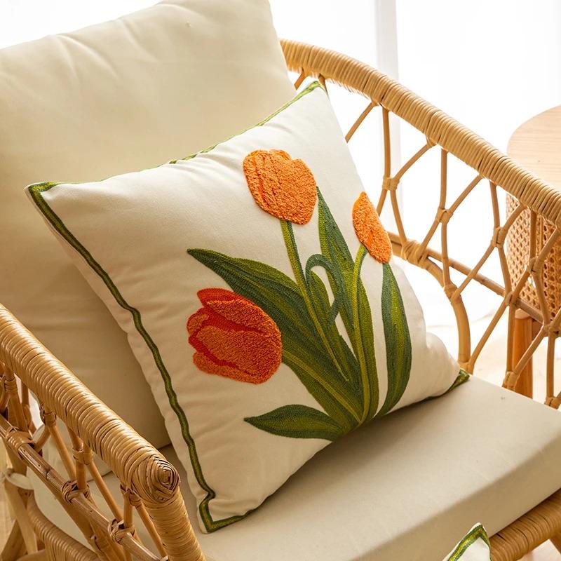 Pure Cotton Embroidery Tulip Spring Throw Pillow Covers Outdoor Patio Cushion Cover Pillow Cases Summer Garden Decorations Home