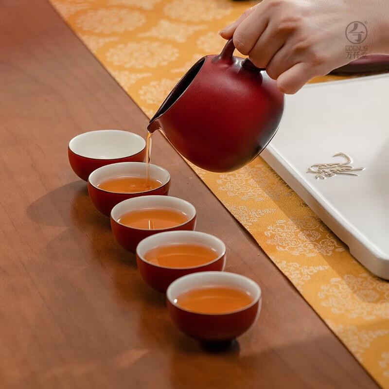 Edenus Chinese Lacquer Red Ceramic Tea Set with 6 Cups
