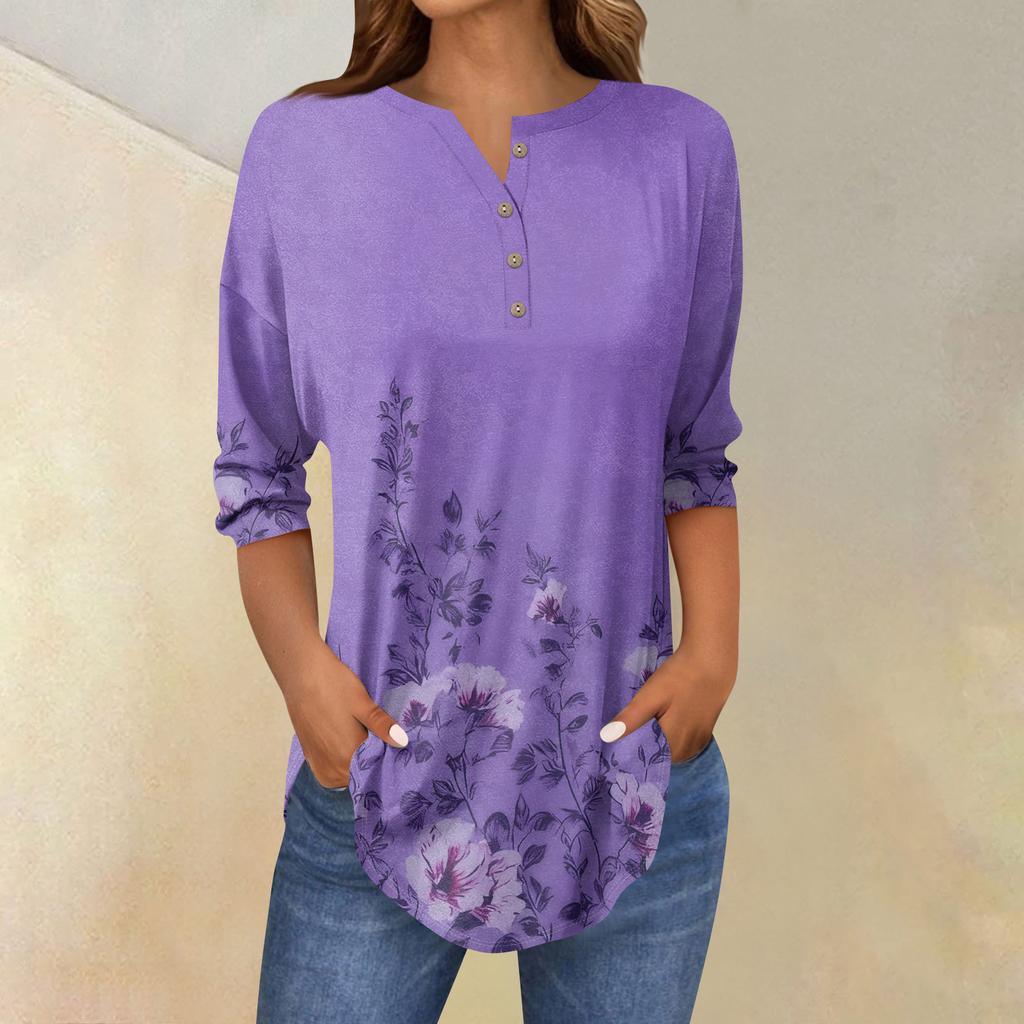 Tee Shirts For Women Fall Casual 3/4 Long Sleeve Button Shirts Sweatshirt Vintage  Top Pullover