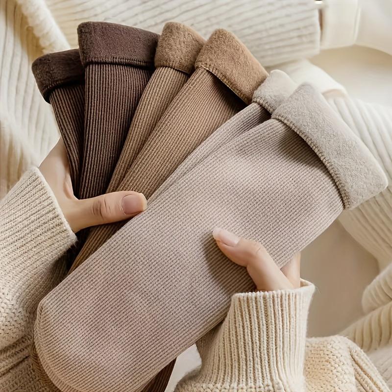 Women'S Plus Size Knee-Length Socks - Polyester Knit Fabric, Fleece-Lined, Solid Color, Warm