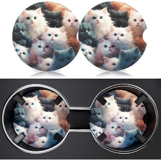 2 Pack Car Cup Holder Coasters, 2.63 Inch Anti Slip Ceramic Absorbent Coaster with Cork Base and Finger Notch, Cute Car Accessories Interior for