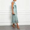 Sleeveless Halter Neck Dress Satin Top with Circular Sequin Overlay Midi Skirt Holiday Casual Dress for Women