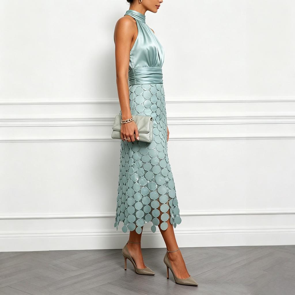 Sleeveless Halter Neck Dress Satin Top with Circular Sequin Overlay Midi Skirt Holiday Casual Dress for Women