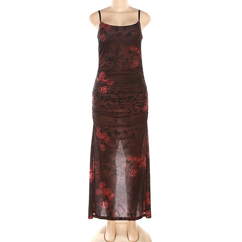 Dámské módní řemínek bez rukávů s potiskem růží Dlouhé letní sexy šaty nízkého střihu