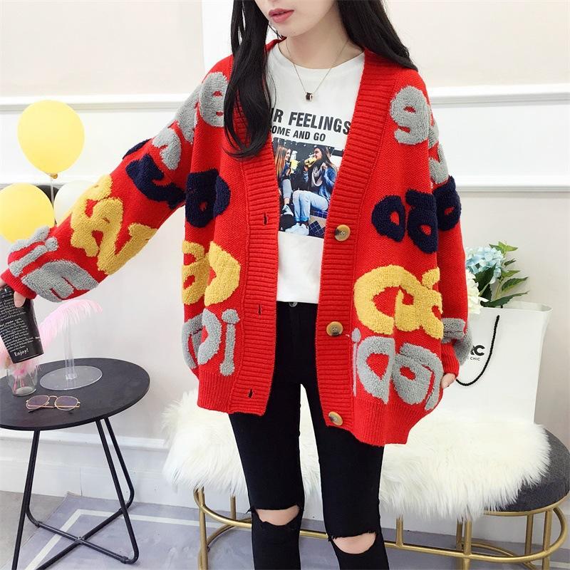 Autumn and Winter Explosion Personalized Letter Jacket Contrasting Colors Large Version Sweater Cardigan V-neck Fashion Lazy Style