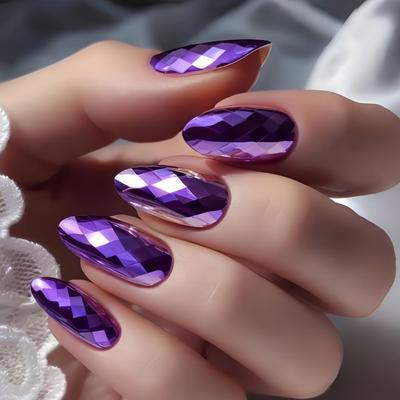 Purple Iridescent 3D Electroplated Rhombus Glossy Almond False Nails