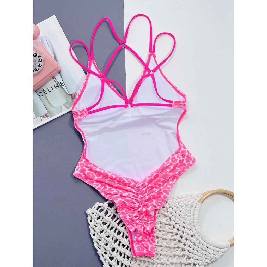2024 New Summer Women Solid Color Swimsuit Backless Cross Bandage Swimwear One-Piece Suit Sexy Push Up Bikini Beachwear Bodysuit