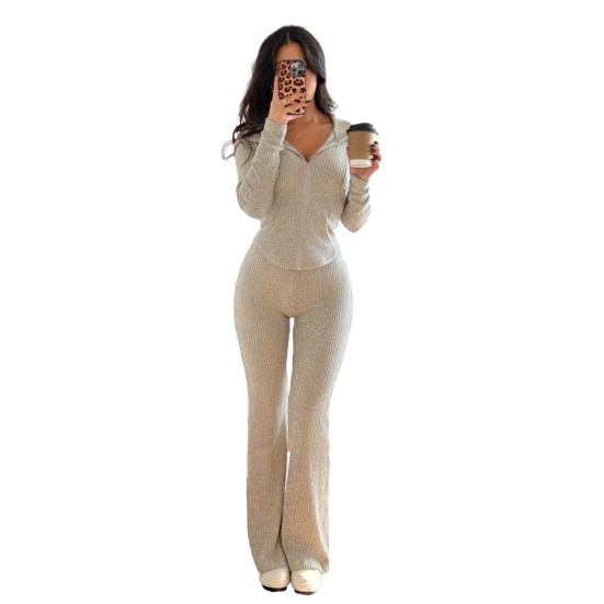 Damen 2-teilige Trainingsanzüge Reißverschluss Kapuzenpullover und Schlaghosen Gerippte Strick-Outfits Sexy Bodycon Workout-Trainingsanzüge