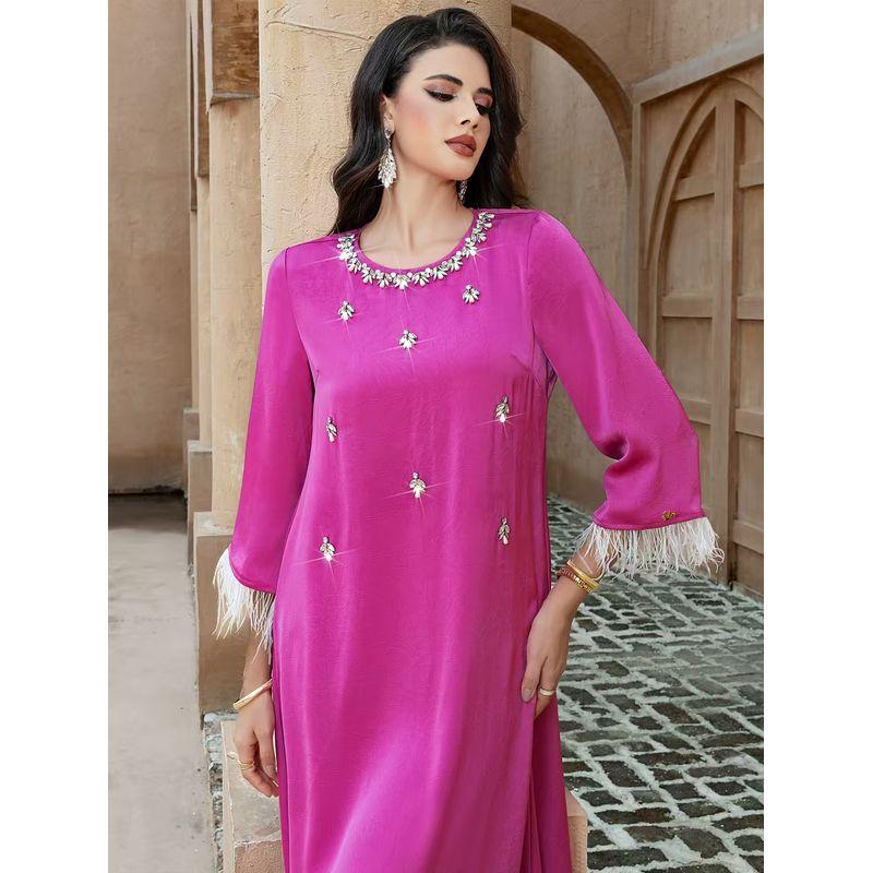 Middle East Satin Bead Stitching Feather Robe Dress Nail Bead Spliced Feather Dres