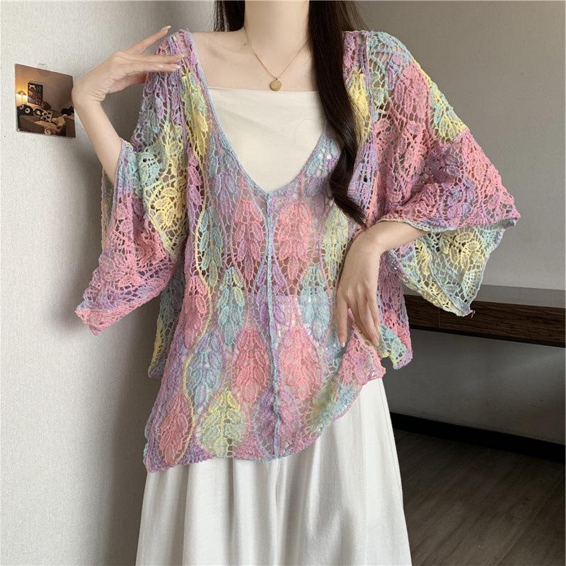 

Plus Size Dopamine Rainbow Gradient Knit Cardigan - Women s Summer Holiday Layering Outerwear Large 3XL
