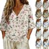 Women V Neck Vintage Floral Print Loose Fit Short Sleeve Linen Blend T Shirt Casual Summer Top with Button Detail