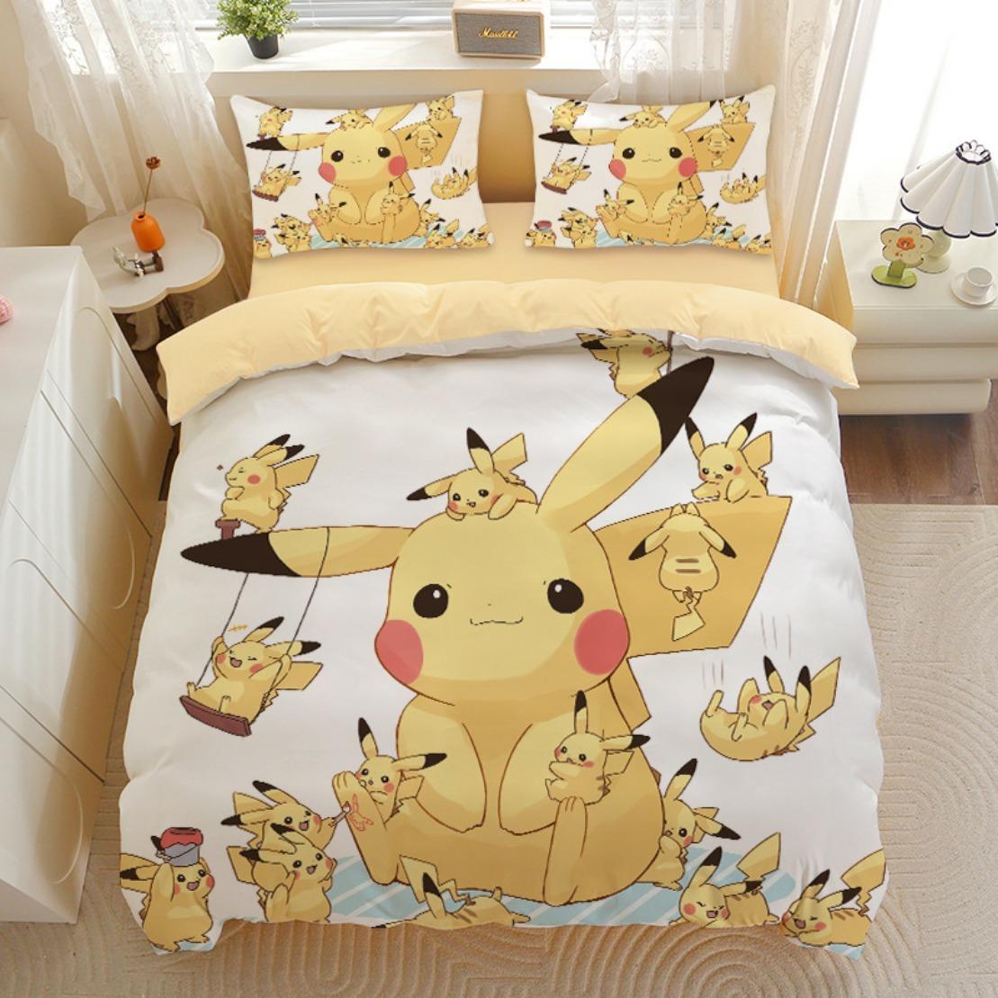 Kawaii Leuke Pikachu Beddengoed Sets P-Pokémon Dekbedovertrek Met kussensloop Kinder Set Kamerdecoratie Cadeau 220*240cm 3pcs