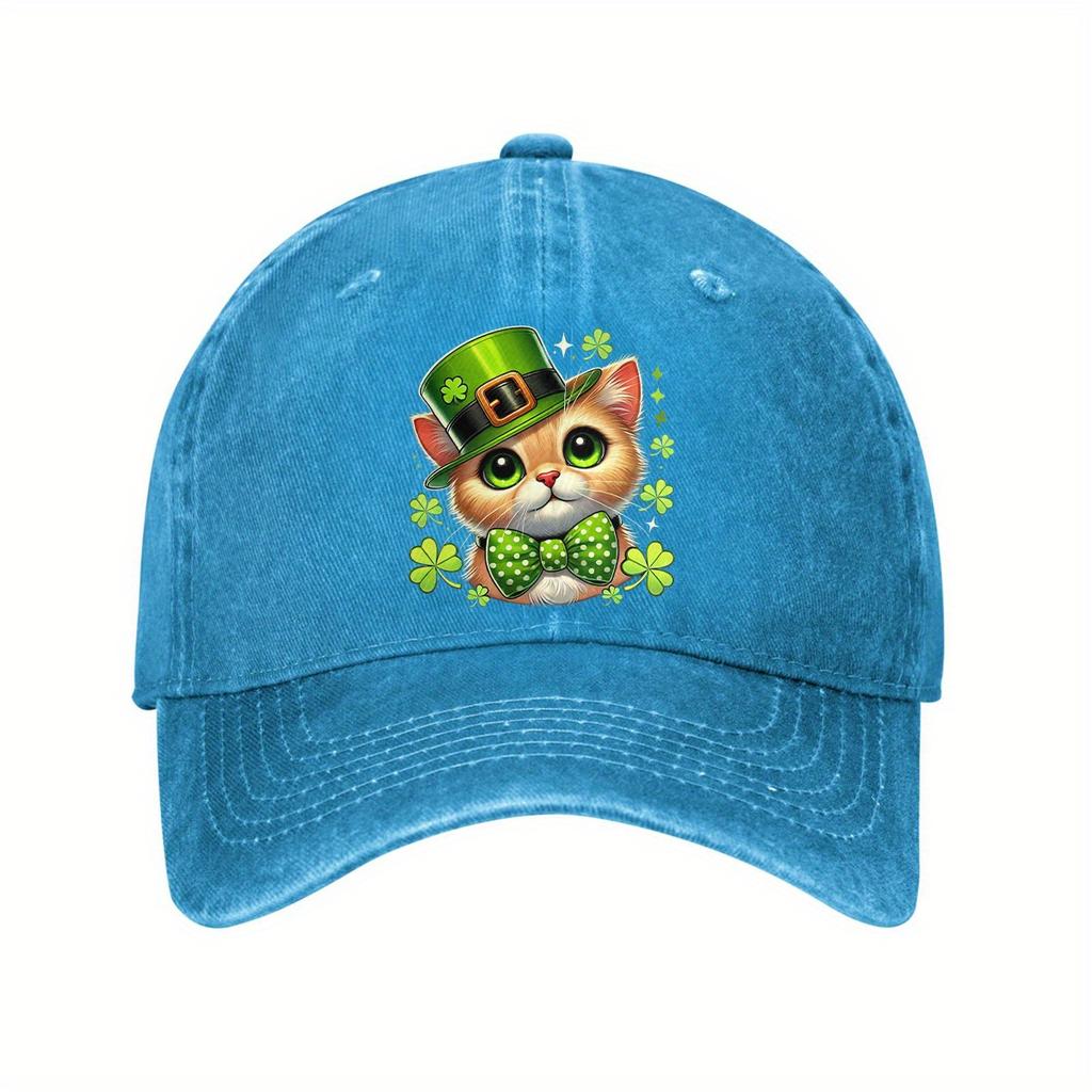 St Patrick Day Cute Cat Shamrock Print Denim Baseball Cap Vintage Adjustable Outdoor Trucker Hat Unisex