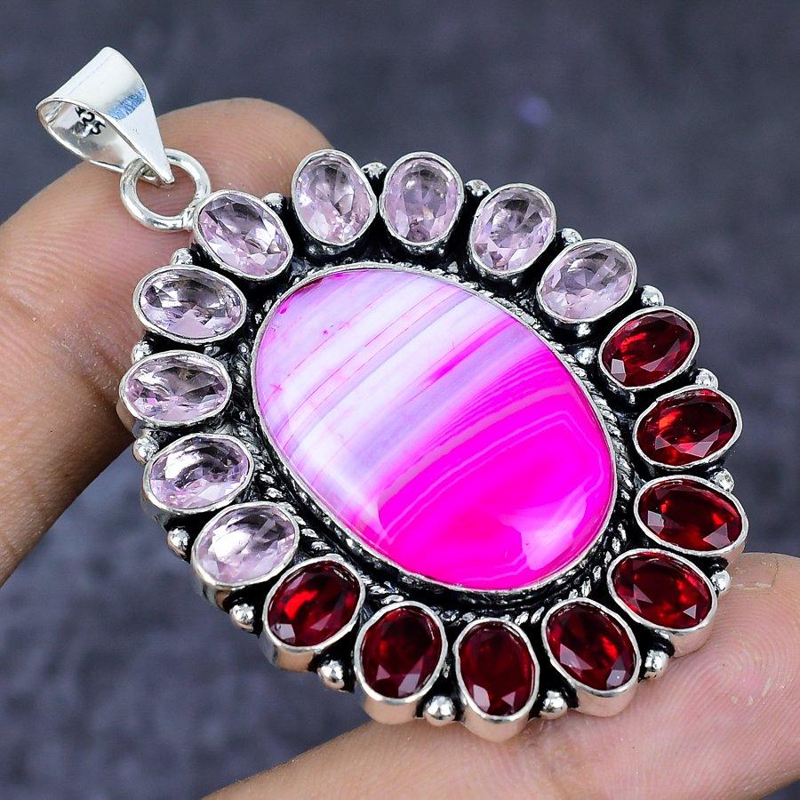Natural Pink Lace Agate, Garnet 925 Sterling Silver Jewelry Pendant 2.36" ETC-13802