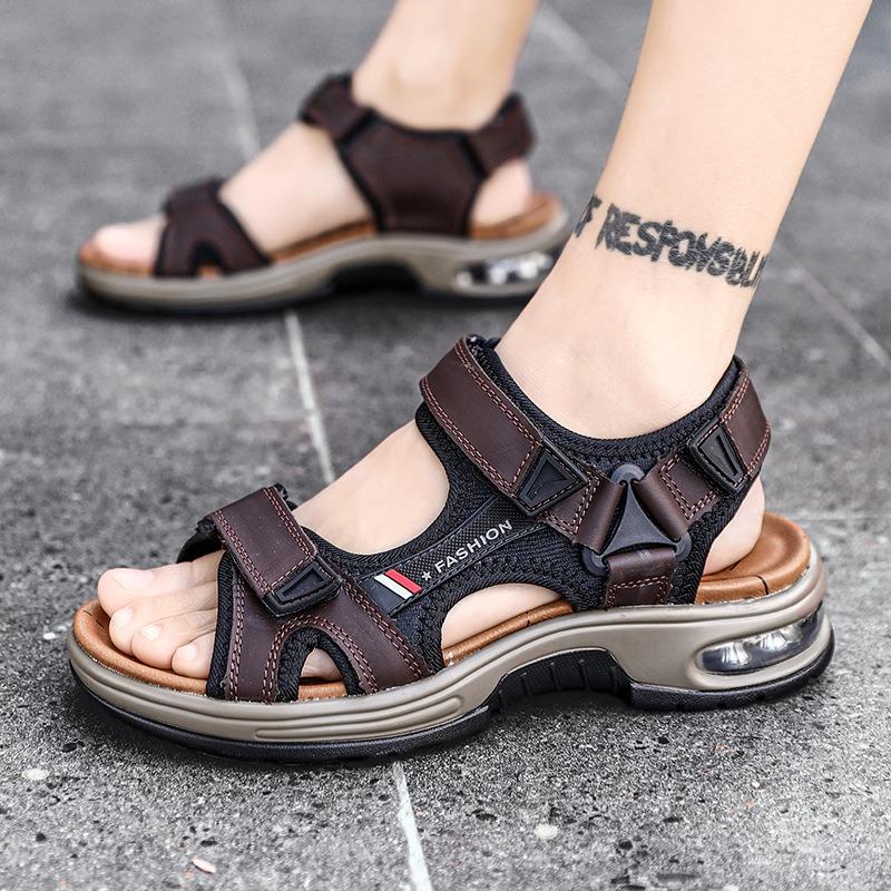 Men's Sandals Outdoor Beach Shoes Velcro Air Cushion Large Size Summer Cowhide Hand Sports and Leisure