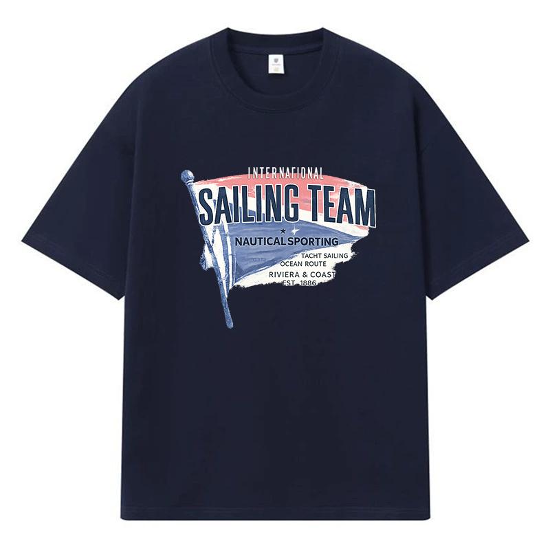 2026 Sailing Team Printed Graphic Y2k Harajuku Streetwear 100% Cotton T Shirt Casual Oversized Summer Men T-shirt