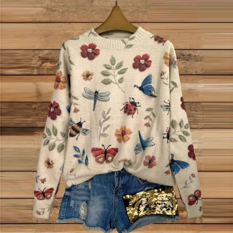 Women Stylish Vintage 3D Flower Print Chic All Match Knitted Sweater Autumn Winter Casual O Neck Long Sleeve Loose Pullover Tops