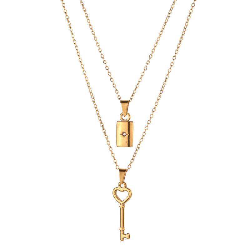 Trendy Korean-Style Stainless Steel Double-Layer Stackable Key Necklace - Creative Festival Gift