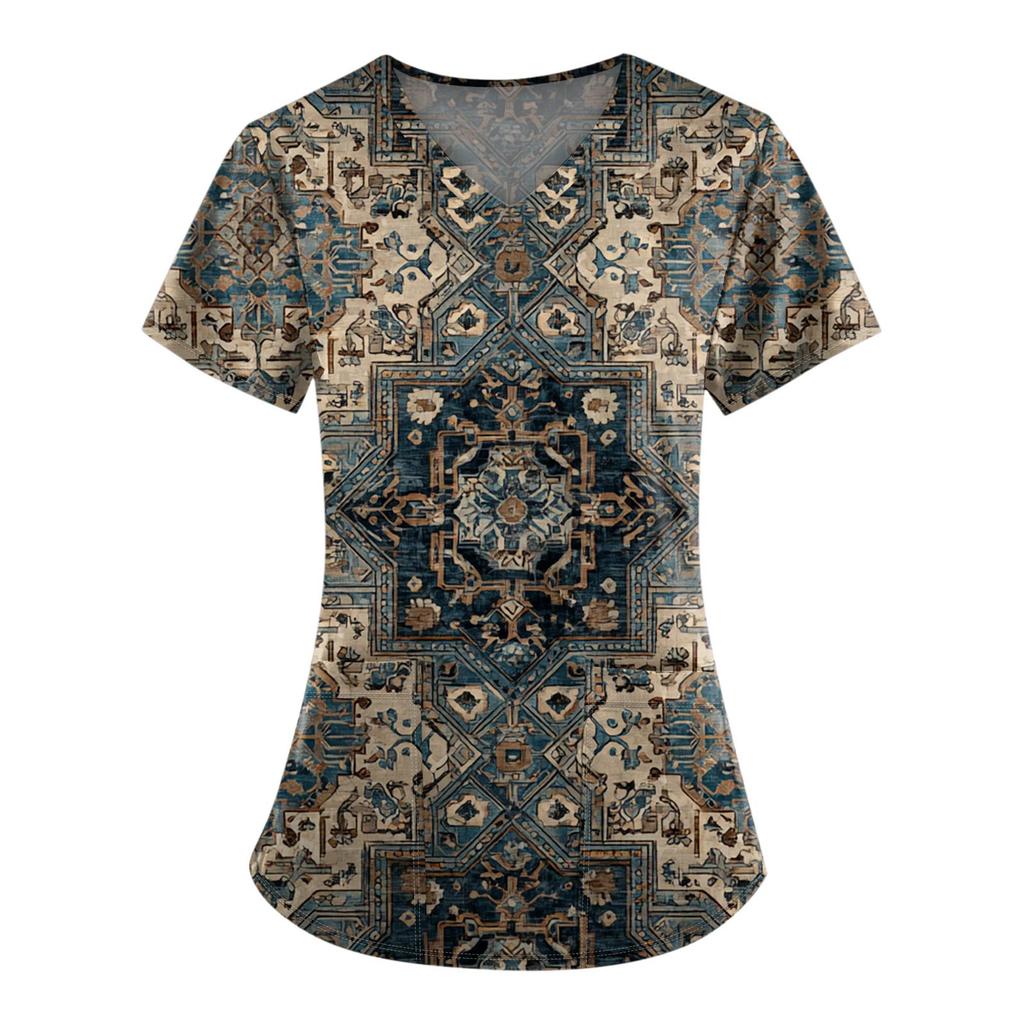 טופים למדי עבודה מודפסים במידות גדולות לנשים עם צווארון וי, שרוול קצר מודפס, חולצות טי מצחיקות, חולצת עבודה עם כיסים