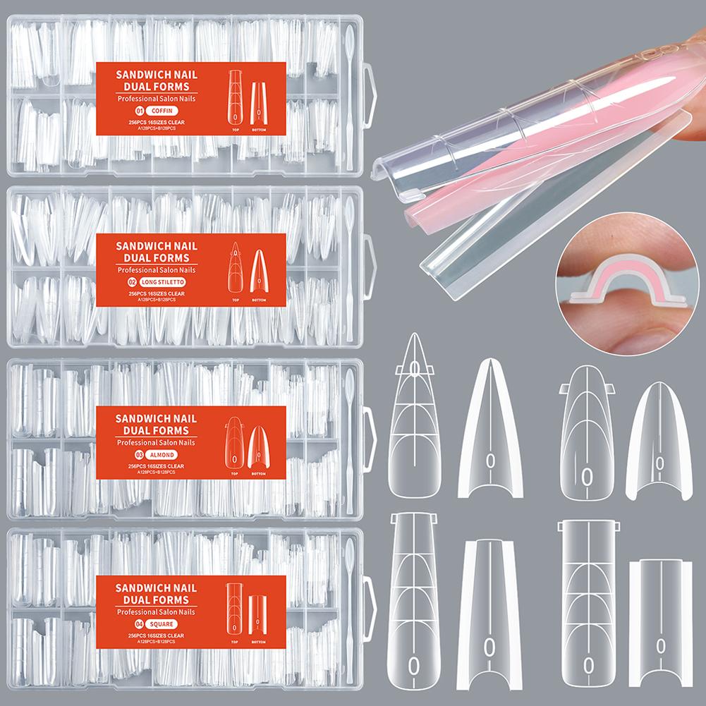 256pcs Nail Sandwich Dual Form Nail Tips Quickly Building Gel Form Nail System Full Cover Tips Quick Building Mould