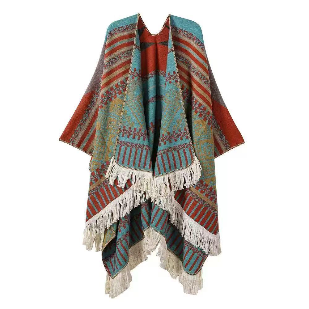 Ethnic Style Knitted Shawl Pullover Cape - Women's Warm Travel Cloak