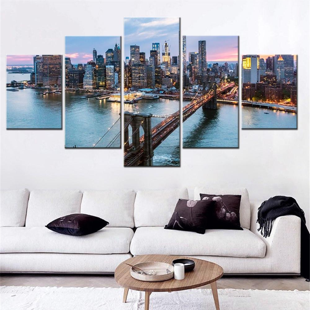 5 Pieces Canvas Wall Arts Cityscapes New York Skyline At Sunset Wallpaper Home Decor Picture Print For Living Room Artwork