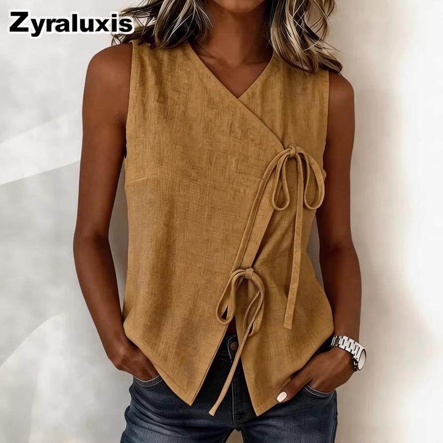 Women's Bow Tie Rouch Detail Summer V-Neck Sleeveless Top Fashion Backless Tank
