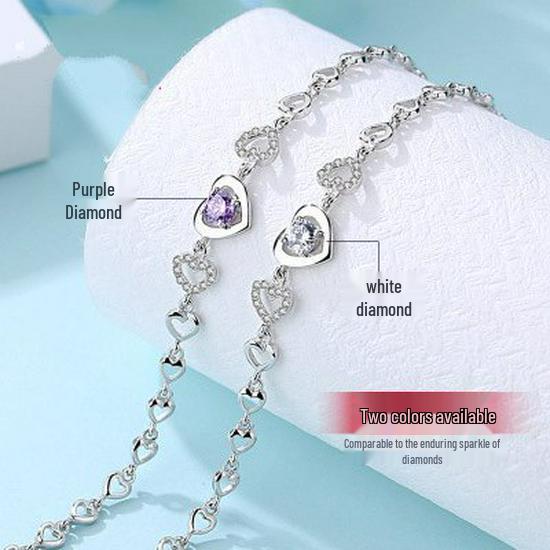 Zhenrong 925 Silver Heart Bracelet with Purple & White Diamonds