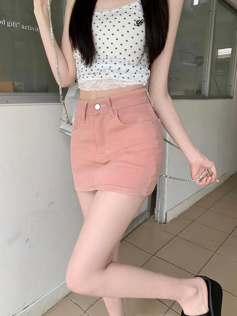 Syvent Tight Mini Korean Plus Denim 12F031 Skirt, Fashion, A-Line Skirt, Size, Pink, Sexy, Stylish, Cute, A-Line Skirt,