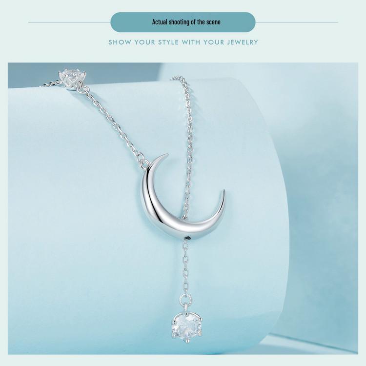 Everle Minimalist Moon Y Necklace: S925 Sterling Silver, Rhodium-Plated, Zircon Adorned Versatile Jewelry for Women.
