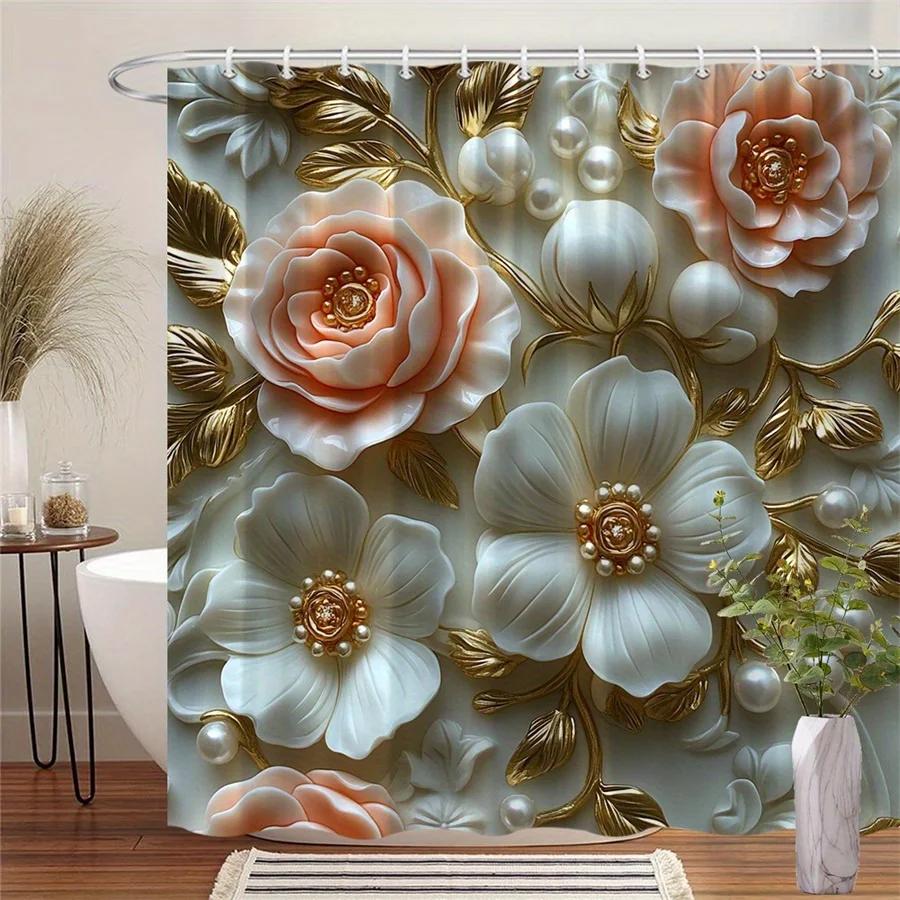 

Baroque Roses Shower Curtain - Peach & Ivory, 3D Floral Art, White Background, Machine Washable, 12 Hooks, Elegant Bath Decor W60H190(CM)-1 Pcs