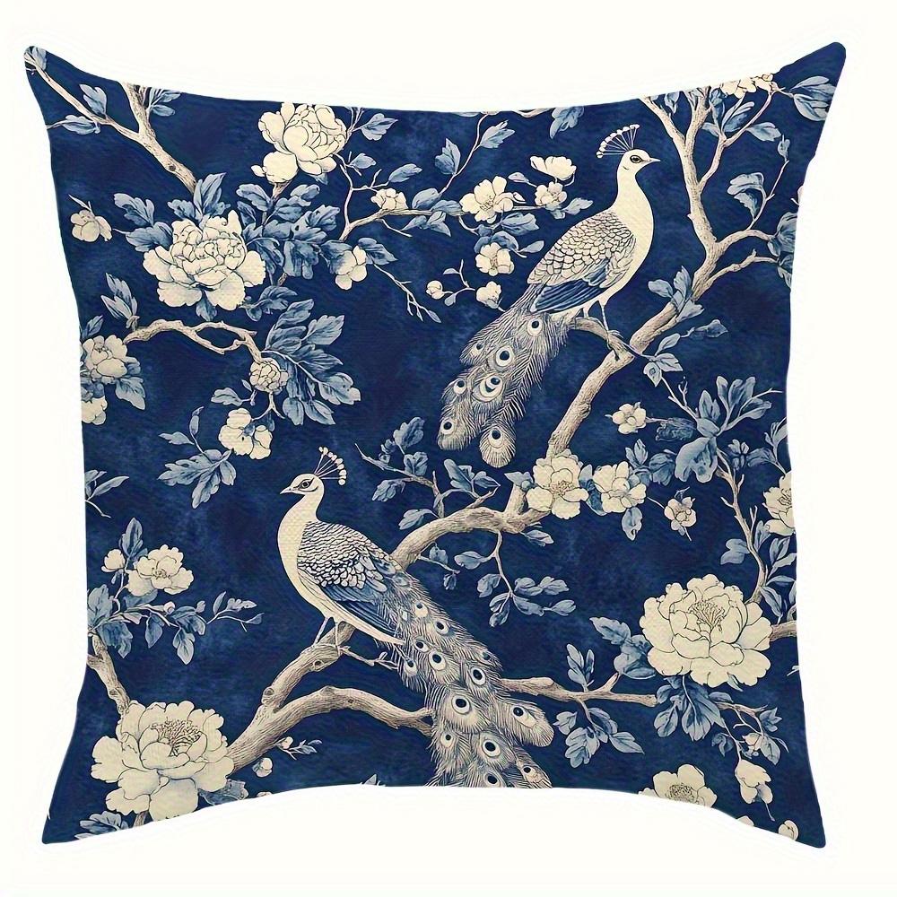 1/4pcs 2D Flat- Navy Blue Chinoiserie Peacock and Peony Floral Throw Pillow Cover Home outdoor decoration cushion cover