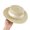 Women Sun Hat Breathable Wide Brim Flat Top French Style Straw Woven Hat with Ribbon Faux Pearls Decoration Summer Outdoor Hat