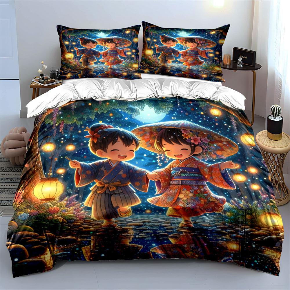 "Japanese Kimono Art Prints Set" Soft Skin-Friendly Bedding Set Includes 1 Duvet Cover And 2 Pillowcase Gift