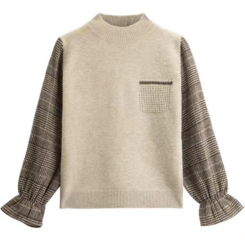 Fake Two Items Women Clothing Sweaters Pullovers Autumn Half High Collar Flare Sleeve Loose Fashion All-match Knitted Tops 2024
