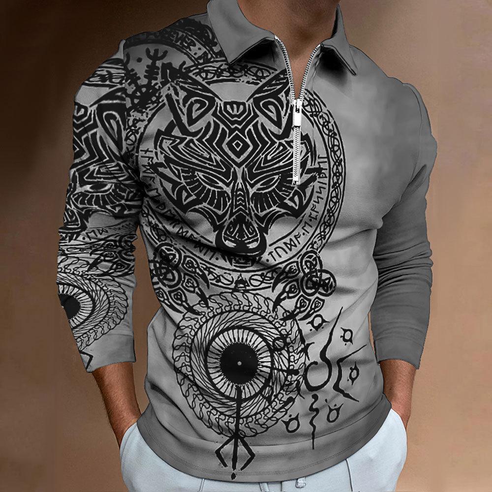Viking Tribal Print Half-Zip Long Sleeve Polo, Fashion Casual Top