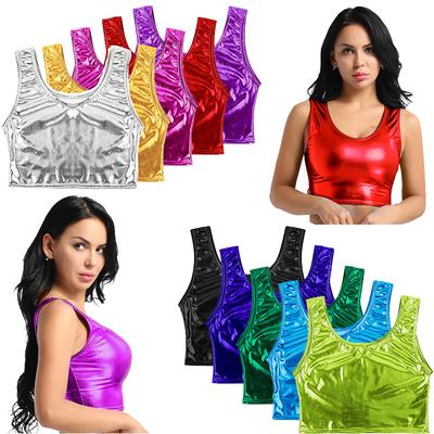 Fashion Women's Shiny Leather Metallic Sleeveless Scoop Neck Crop Tank Tops