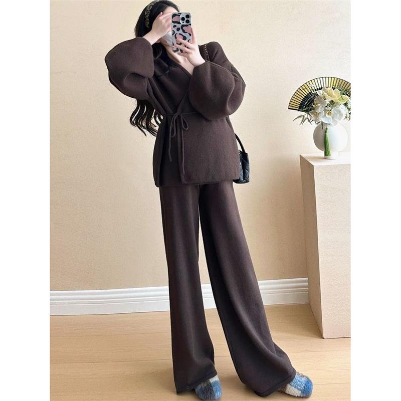 V-Neck Lantern Sleeve Tie-Up Knitted Two-Piece Set with Wide-Leg Pants - Women's Autumn/Winter Korean Style