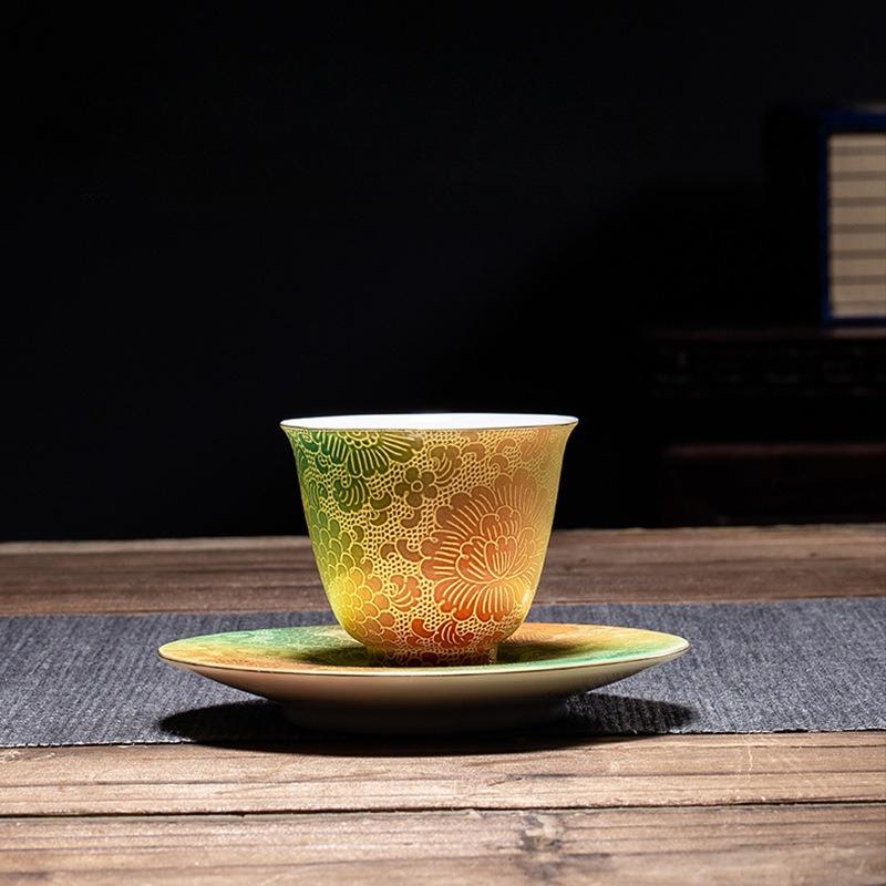 Gubo Carved Flower PorcelainCup Saucer Set Handmade Ceramic Tea Set Chinese Style Tea Cup Coaster Teacup Saucer Home Decor Gift