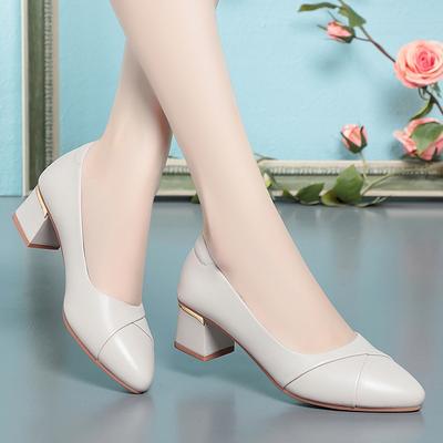 Chaussures à talons épais pour femmes, chaussures en cuir de printemps et d'automne, chaussures à talons moyens et à bouche peu profonde pour femmes, chaussures en cuir souple à semelle souple