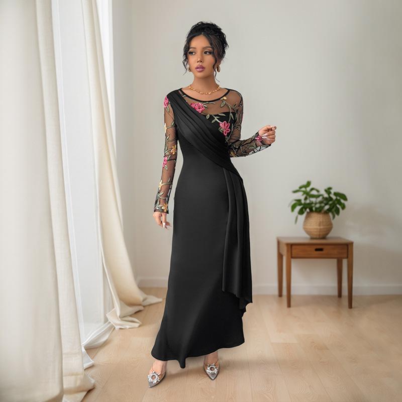 Womens Formal Dress Maxi Dress Mesh Embroidered Long Sleeve Evening Dresses Ruched Cocktail Party Dress S