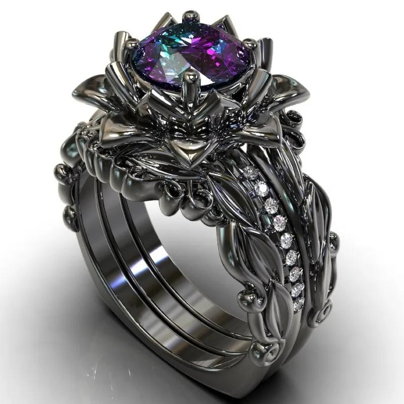 Exquisite Black Color Flower Hollow Rings for Women Round Blue Purple Pink Stone Rings Set Jewelry Party Gift