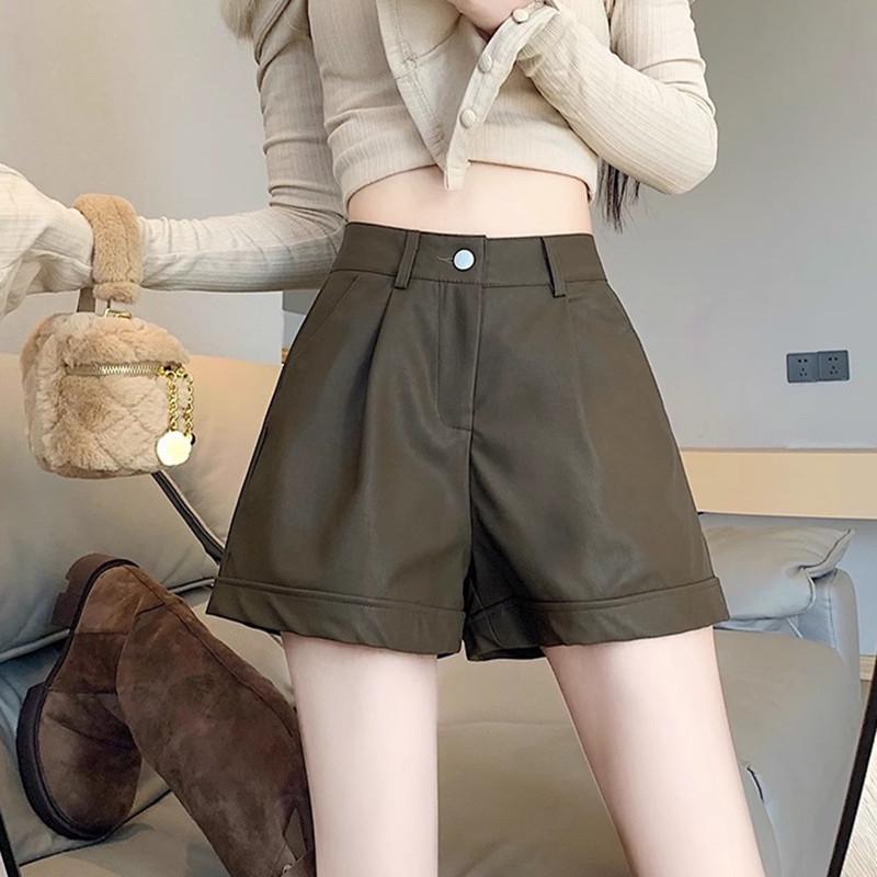 Women's High Waist PU Leather Shorts: Slim, Casual, Wide-Leg Design for Spring, Autumn, and Winter.
