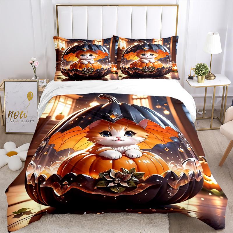 3pcs Orange Cat and Pumpkin Pattern Bedding Three-Piece Set (1 Cover + 2 Pillowcases, No Fillings),Soft and Comfortable N072