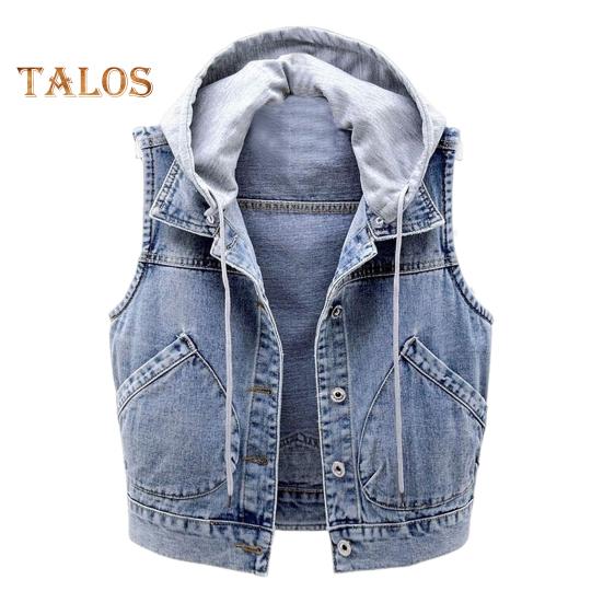 

Осень-весна Женское джинсовое пальто однобортное безрукавное с капюшоном и карманами Свободная куртка с завязками на шнурке Короткий жилет для повседневной носки L светло-синий